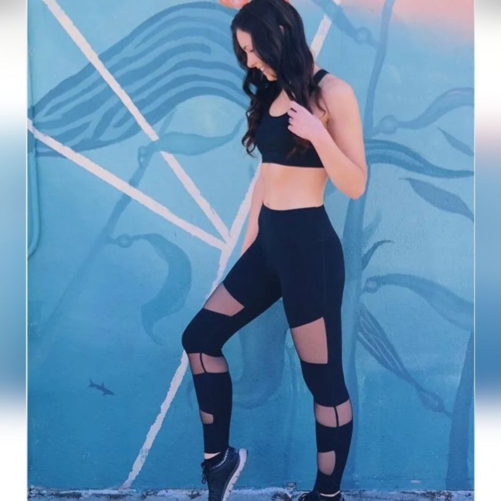 US High Waist Workout Running Gym Sport Womens Pants Fitness Black Mesh Leggings